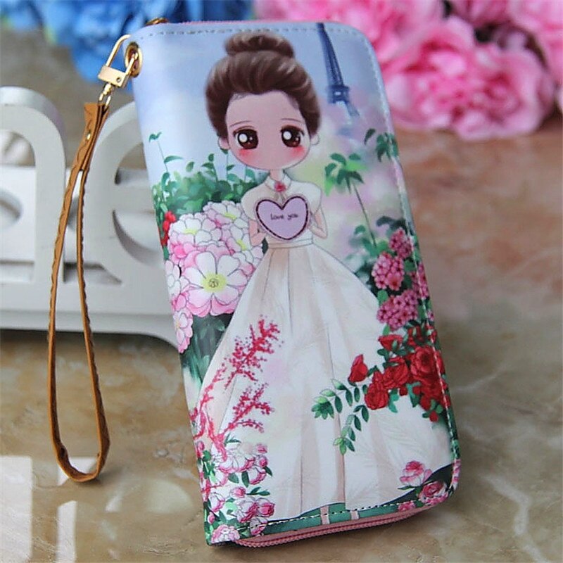 Lovely Women Girl Long Cartoon Raffiti Wallet Bag with Strap Card Holder Coin Purse Change Wallet Zip PU Leather Letter Handbags: 13