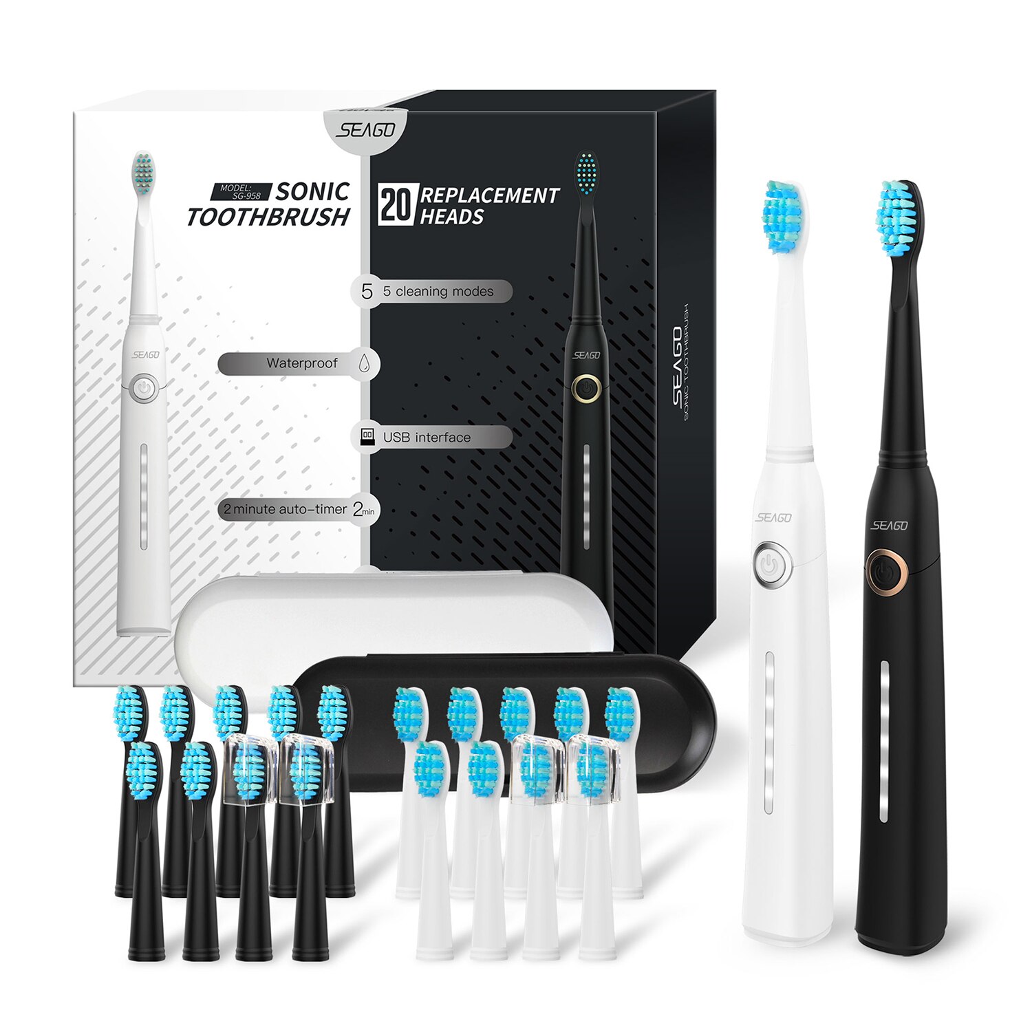 Seago Sonic Electric Toothbrush Tooth brush USB Rechargeable adult Waterproof Ultrasonic automatic 5 Mode with Travel case: black white 20 Head