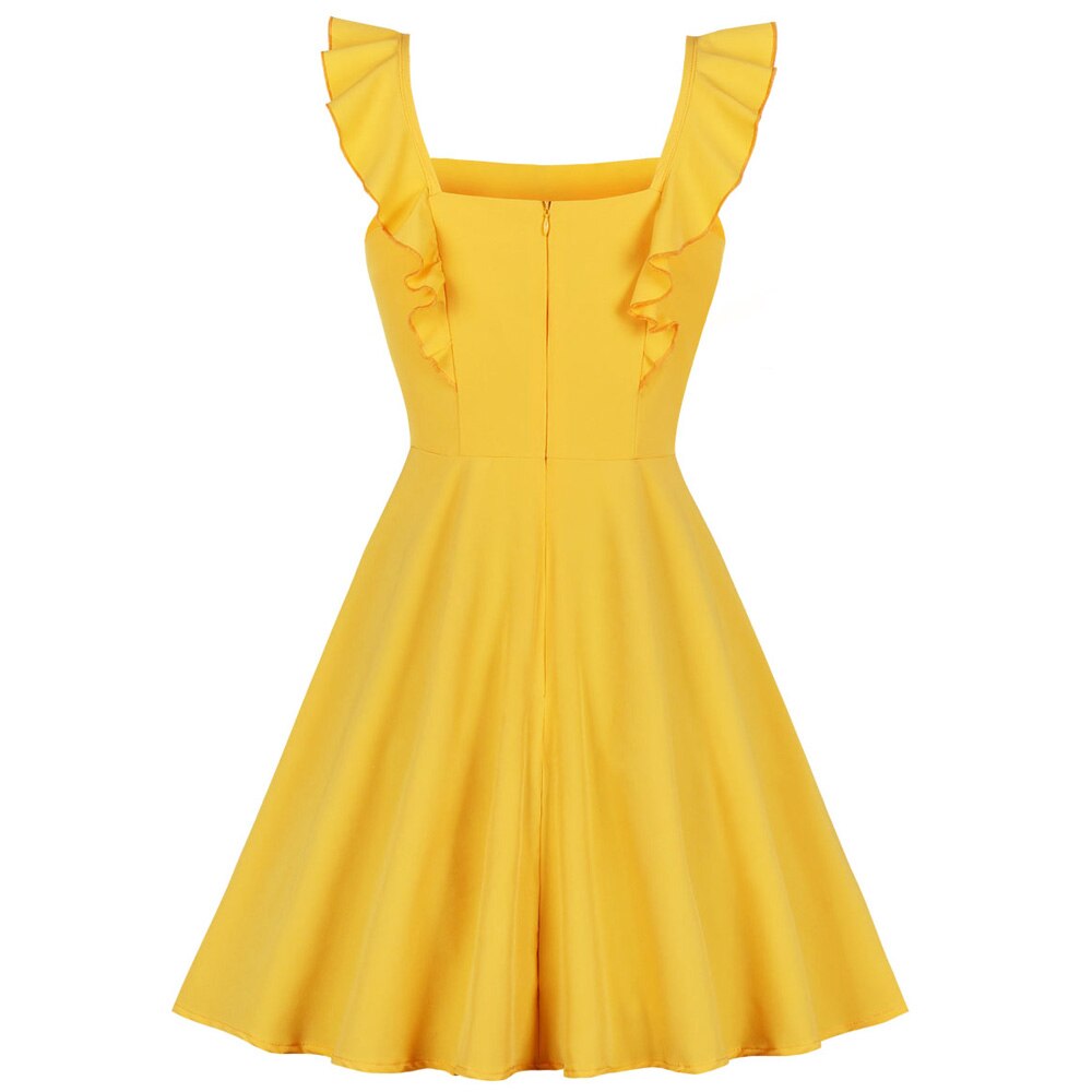 Yellow Square Collar Sleeveless Ruffles Women Vint... – Grandado
