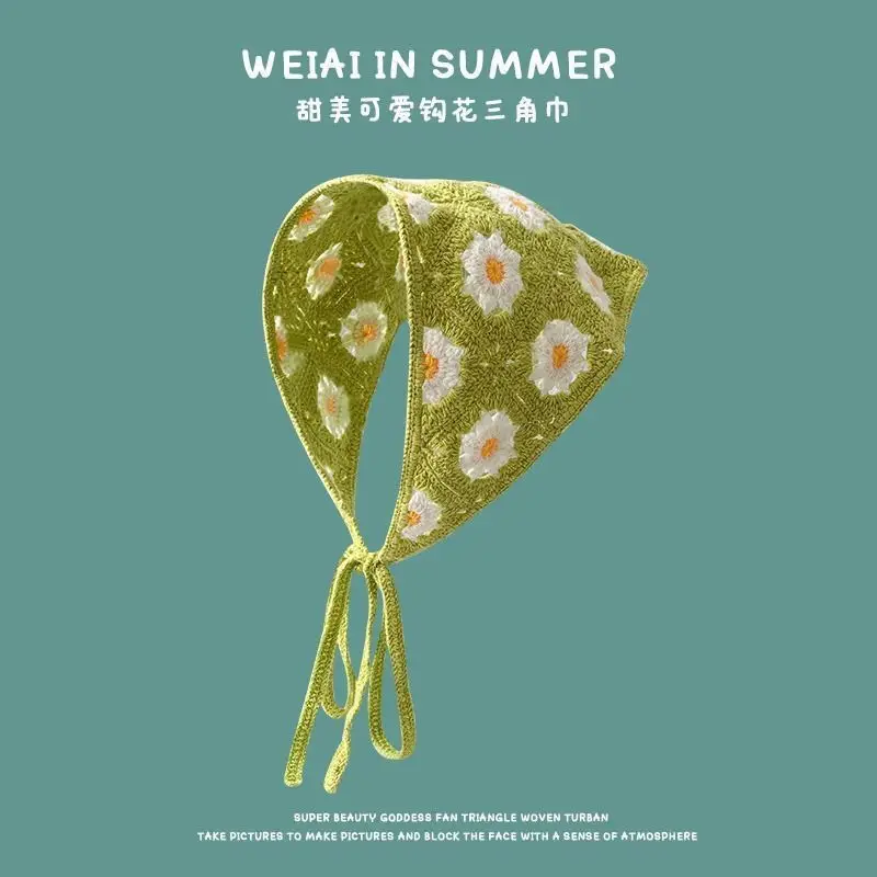 Korean Sweet Cute Handmade Crochet Hollow Triangle Headband Towel Women Spring and Summer Travel Literary Photo Hair Scarf: Lavender