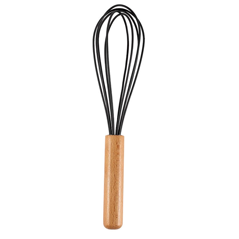 Wooden Handle Kitchen Silicone Whisk Easy To Clean Egg Beater Milk Frother Kitchen Utensil Kitchen Silicone Egg Beater Tool: Black