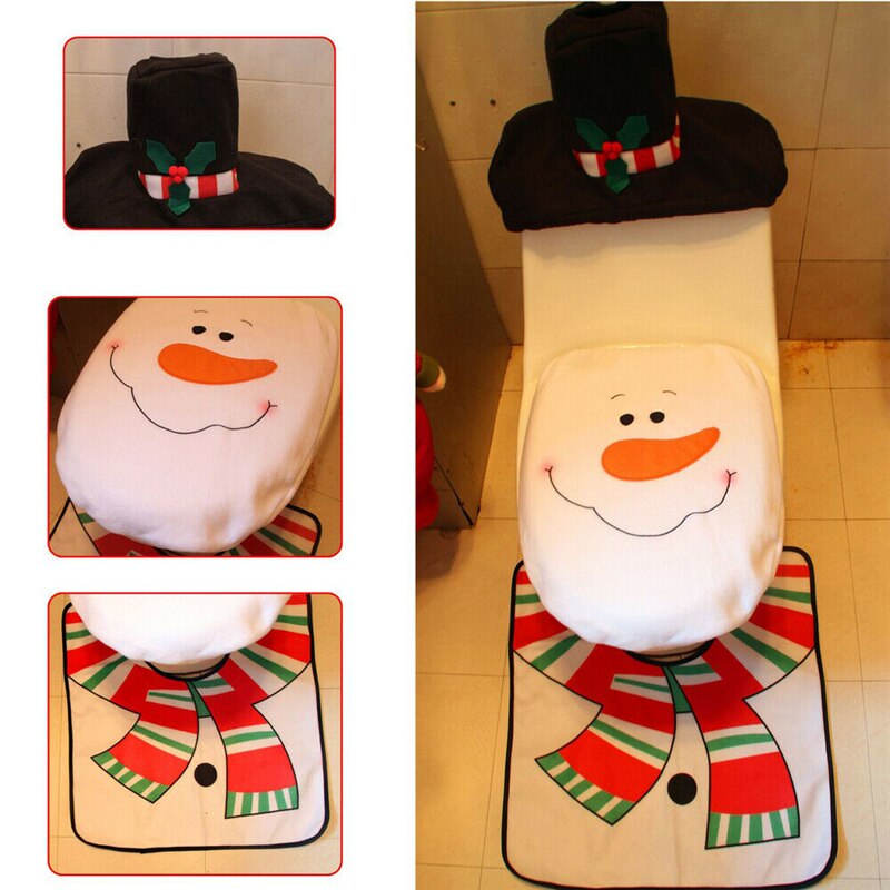 3 stk jul xmas boligindretning toilet toilet sæt santa snemand elf jul badesæt (toiletbetræk + tankdæksel + kontur tæppe)