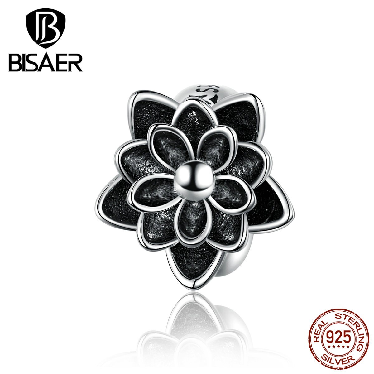 BISAER Lotus Beads 925 Sterling Silver Black Enamel Lotus Flower Charms Beads fit Women Bracelets Bangles DIY Jewelry ECC1196