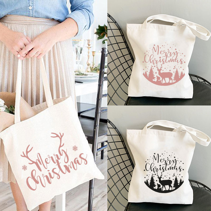 Shopper – sac à main Kawaii imprimé joyeux noël pour femmes, sac de Shopping en toile, fourre-tout pour filles, sac à bandoulière