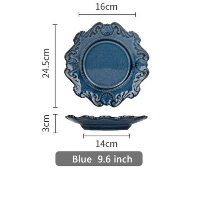 European retro ceramic plates tableware dinner plates ceramic embossed pattern porcelain dessert plate cake plate: Blue 9.6 inch