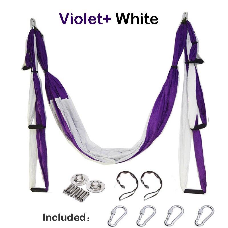 Yoga Hammock Gym Strength Inversion Anti-Gravity Aerial Traction Swing Yoga Belt Set: Violet White