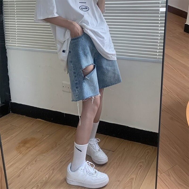 Shorts kvinder retro denim huller chic harajuku par kort bukser afslappet populær high street koreansk dametøj unisex