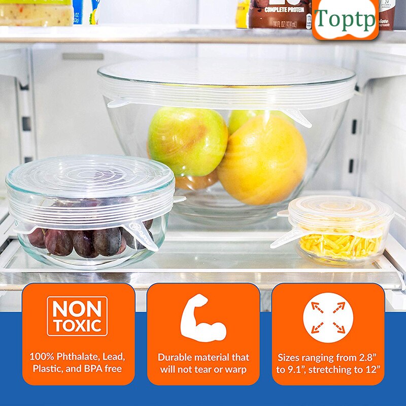 6 stuks herbruikbare siliconen rekdeksels universele deksel siliconen voedselfolie kom pot deksel dop siliconen deksel pan lip keukenaccessoires