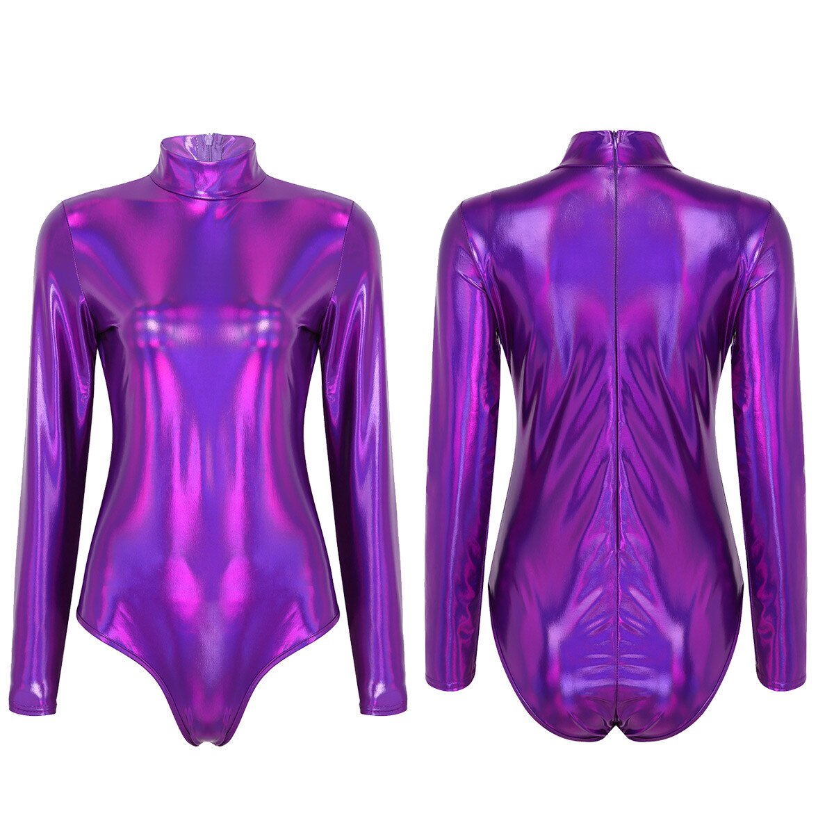 gymnastics leotard metallic gymnastics clothes holographic dance leotard for women long sleeve high neck shinny ballet leotard: Purple / S