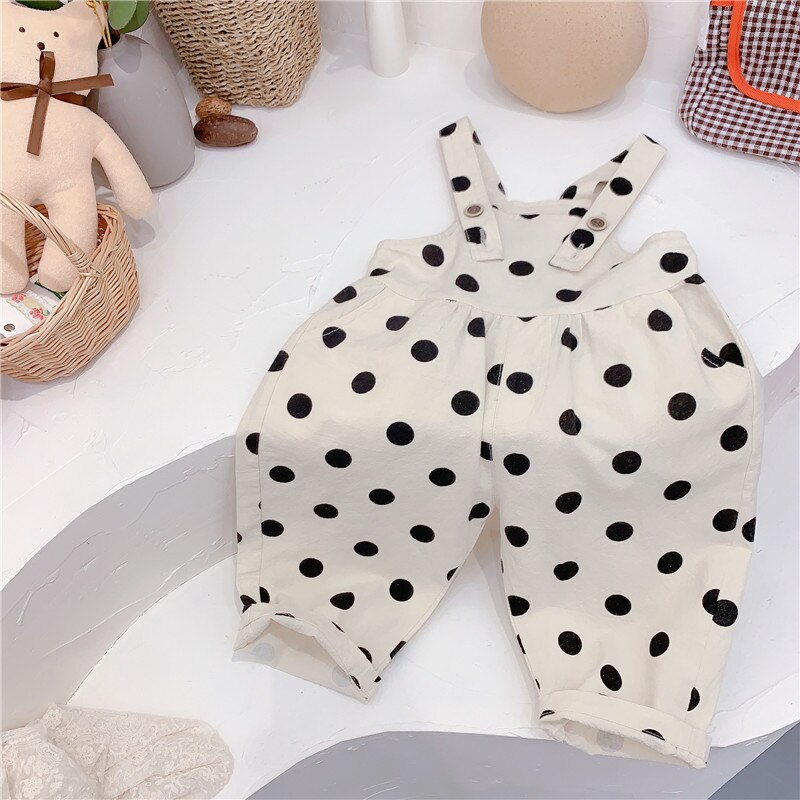 frühling Baby Jungen Overall Schwarz Dot Gedruckt Ärmelloses Sling Lose Taste Verschluss Baumwolle Sommer Für Baby Mädchen Overalls