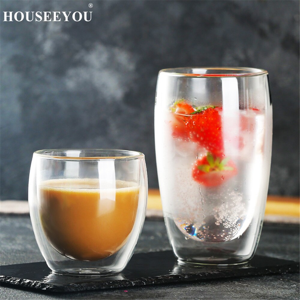 Xinseeyou xícara de vidro para café e chá, xícara criativa com dupla parede, transparente com isolamento