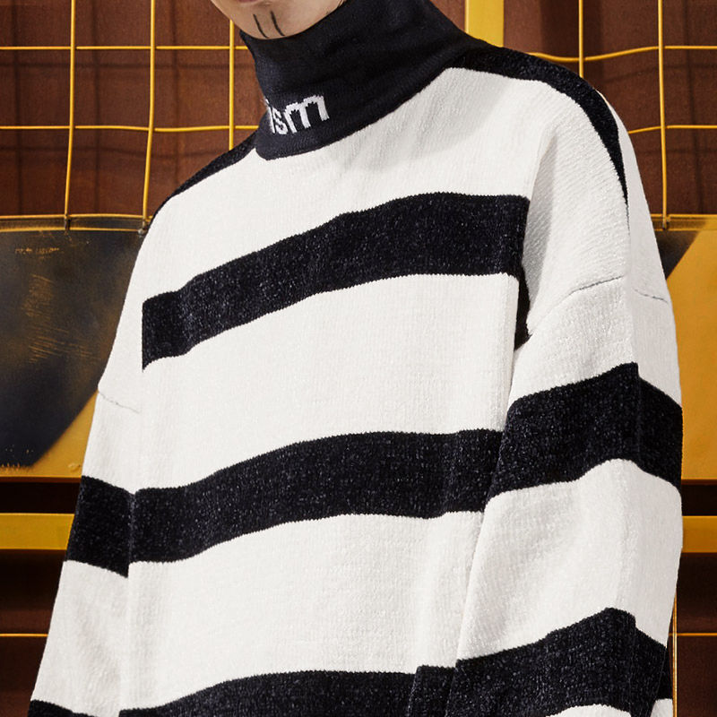 Preppy Style Striped Contrast Color Mens Sweaters Letter Casual Loose Turtleneck Men Knitted Pullovers Sweater