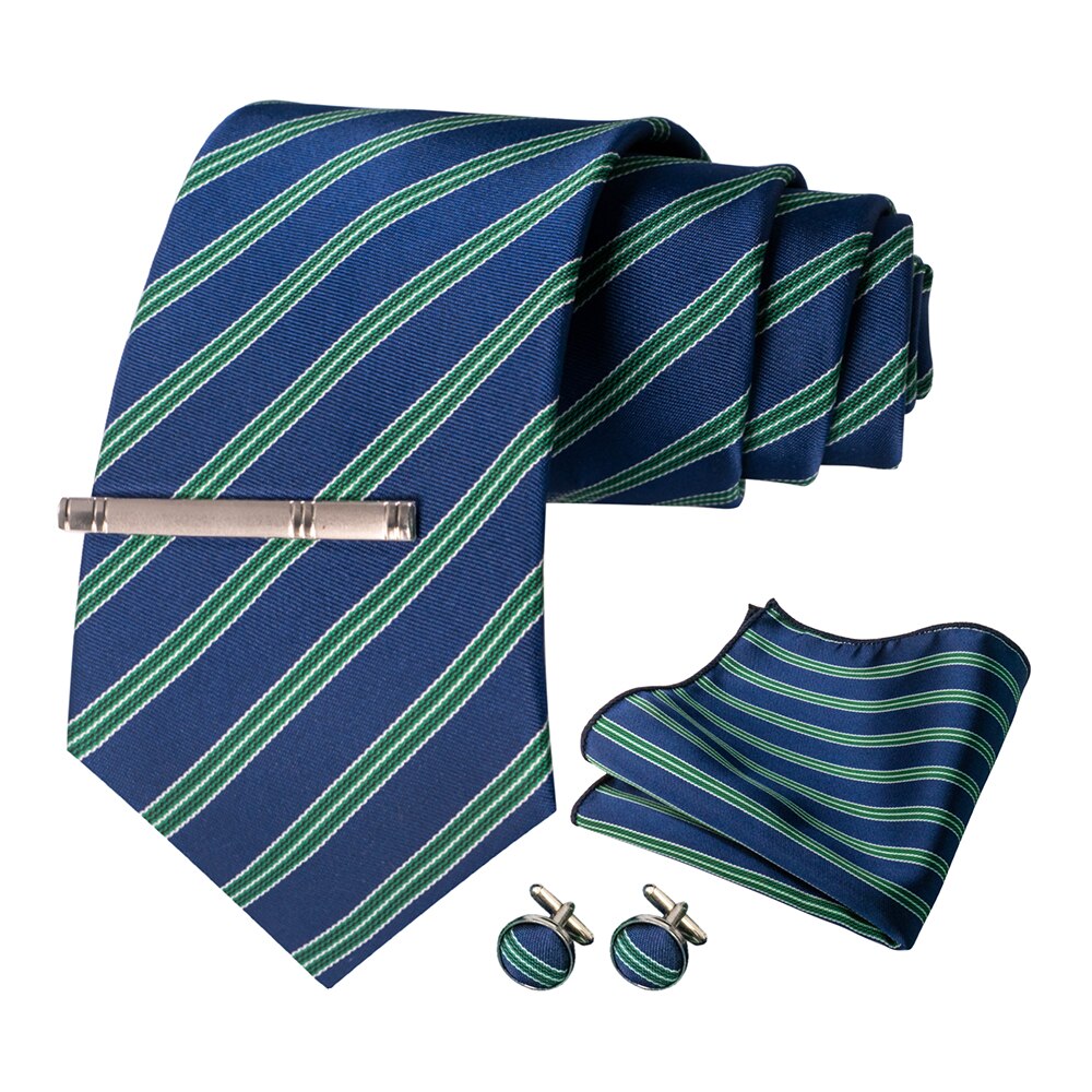 JEMYGINS – cravate en soie pour hommes, ensemble de boutons de manchette, à carreaux, rayures, bleu marine, 100%: 004