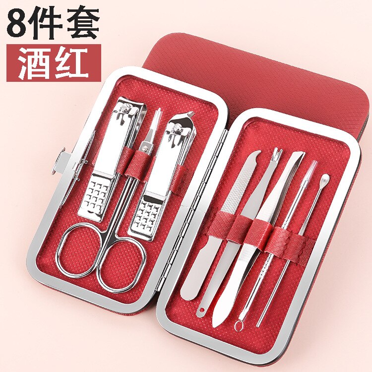 Manicure Multi-piece Set of Nail Scissors Set Complete Stainless Steel Clipper Nail Cutter Convenient Practical Clean Gentleman: Red 8 pieces