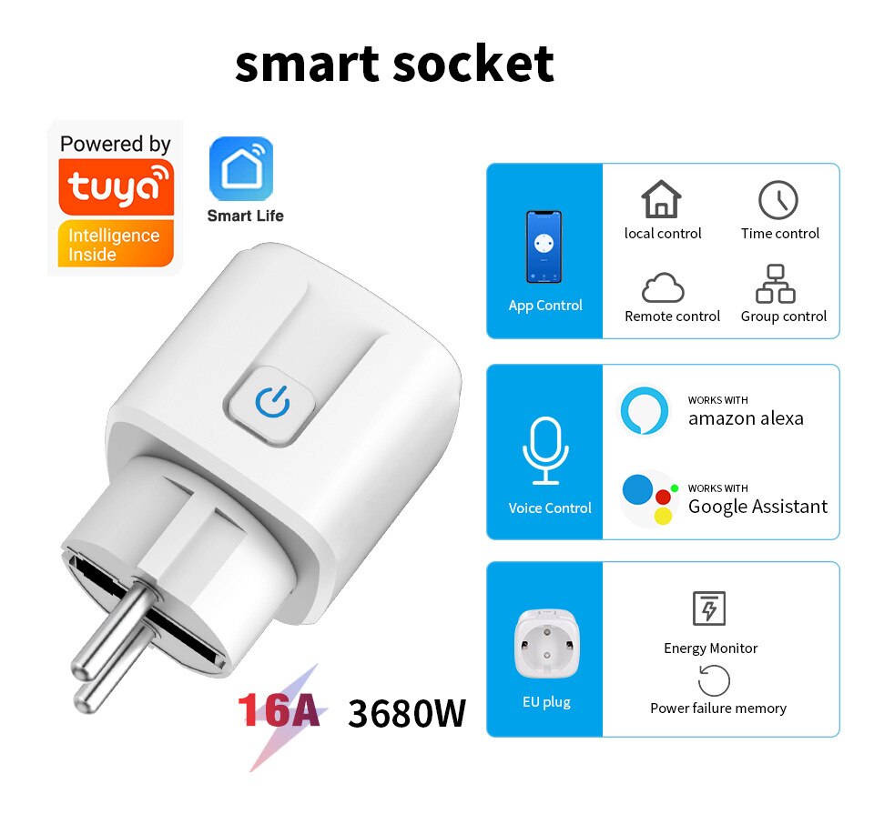 100-240V Wireless Smart Home Power Socket Remote Control Socket WiFi Smart Timer Plug EU US Plug 16A: EU White