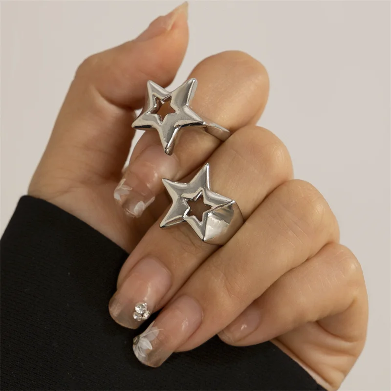 2 unids/set de anillos huecos para mujeres y hombres, Punk, estrella de cinco puntas, geométrico, Color dorado y plateado, conjuntos de anillos de joyería para nudillos: Rojo