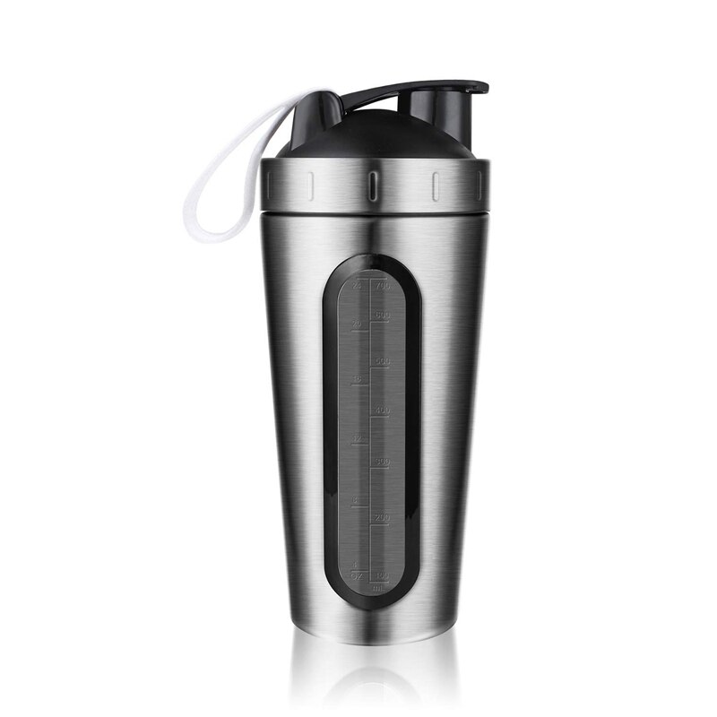 Protein shaker flaske, rustfrit stål sport vandflaske shaker cup, lækagesikker, bpa fri: Sølv