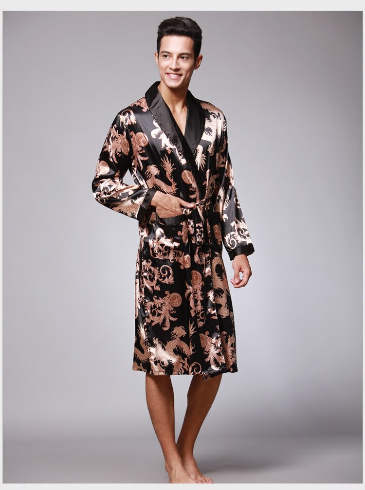 Albornoz de seda para hombre, Kimono de manga larga, pijama con estampado de Dragón de la suerte chino, ropa de dormir para el hogar