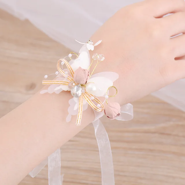 Imitation Pearls Corsage Bracelet Fabric Hand Flowers Girls Bridesmaid Wrist Flowers Wedding Party Accessories Party decor Rose: black