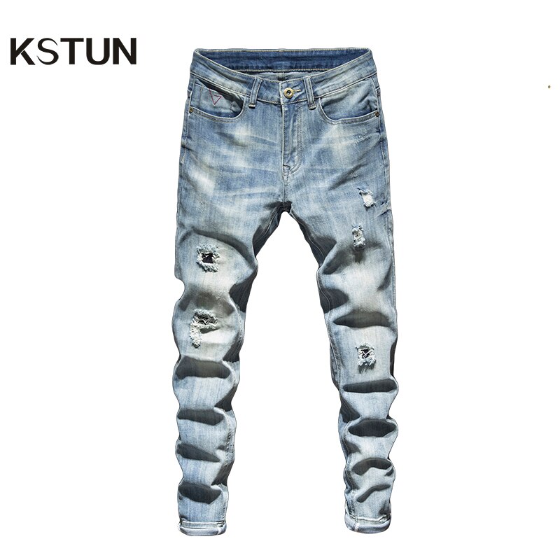 Ripped Jeans For Men Slim Fit Retro Blue Stretch Streetwear Hip Hop Patchwork Jeans Torn Men&#39;s Motorcycle Pants Male Biker Jeans