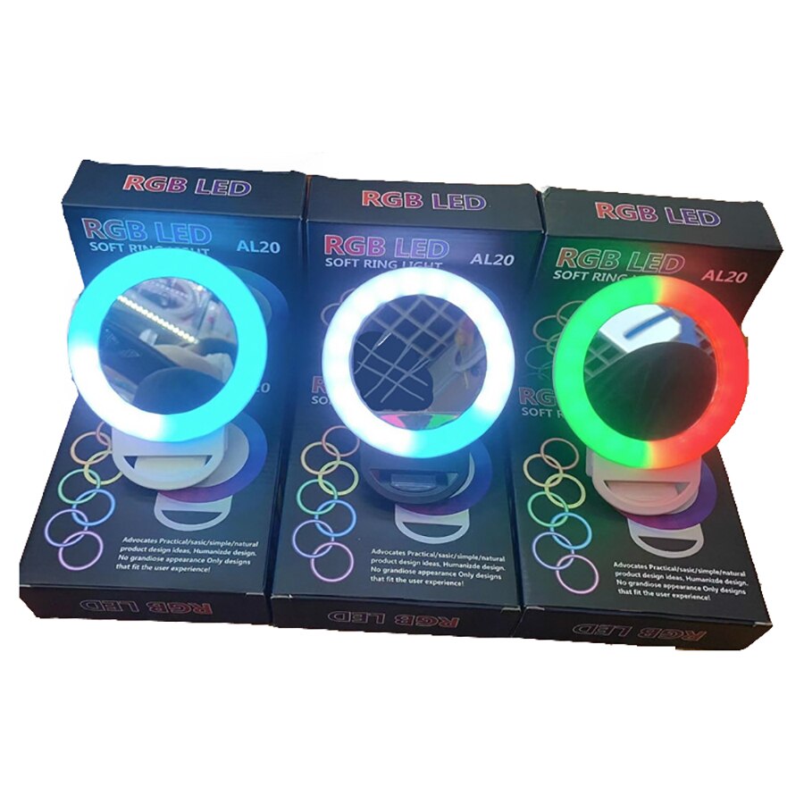 LED RGB Clip on Selfie Ring Light Rechargeable Battery ringlight for Smart Phone Camera Round Shape lighting hoops with mirror
