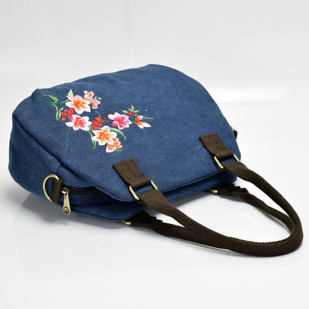 Vintage Vrouwen Handtassen Nationale Bloemen Geborduurde Reistassen Marineblauw Canvas Casual Reizen Schoudertas Vrouw