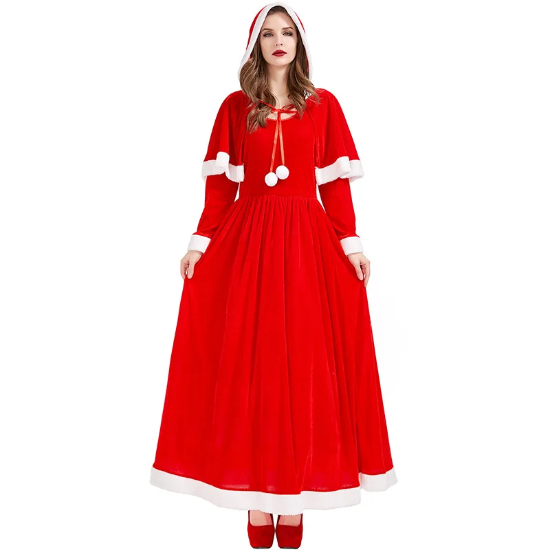 Christmas deluxe party red dress claus stage show performance costume christmas woman cape + long dress christmas season cosplay dress