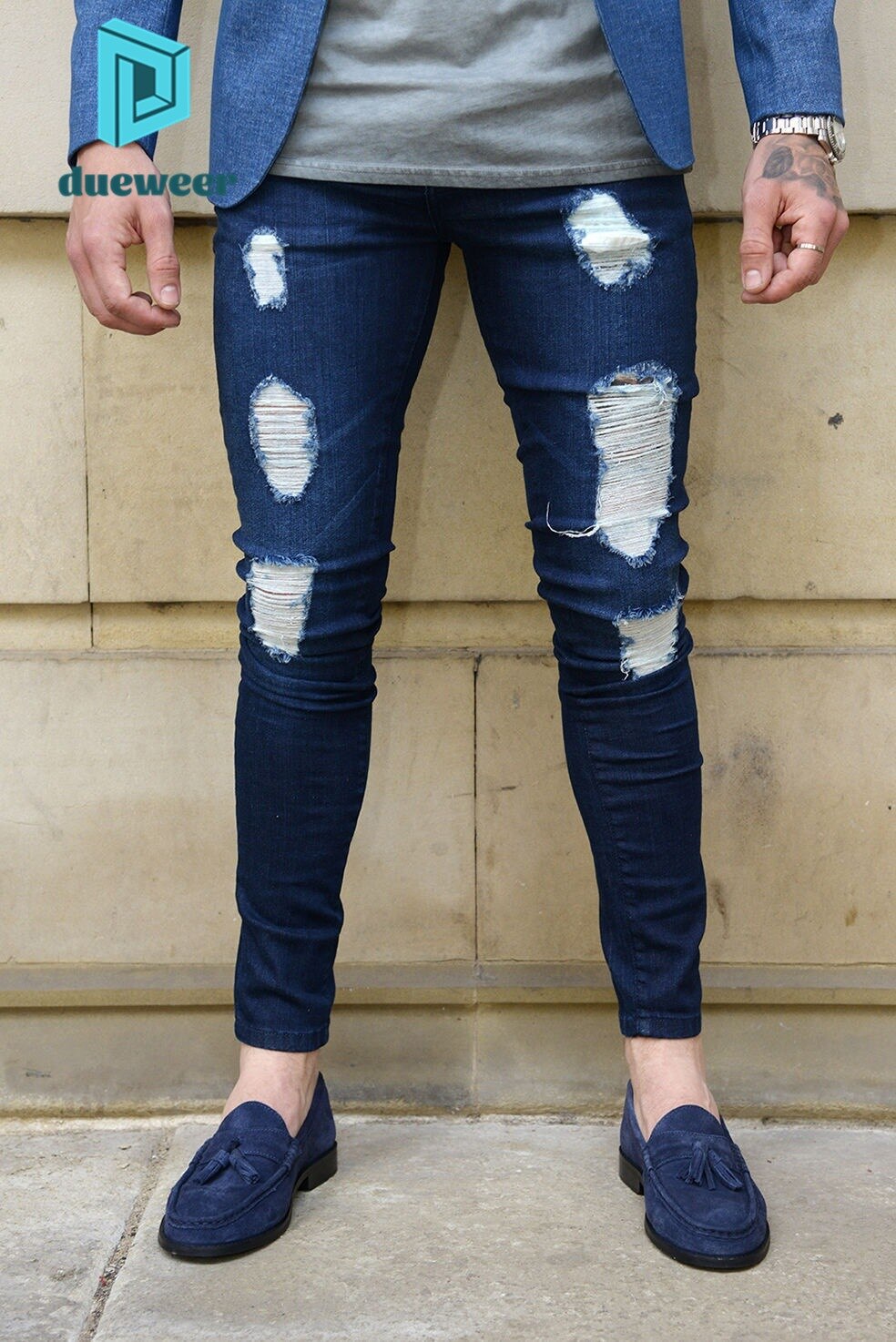 Duoweer-pantalones vaqueros rasgados para hombre, Jeans ajustados con lazo en el tobillo, ropa de calle informal, elásticos de tiro bajo, lápiz rascador