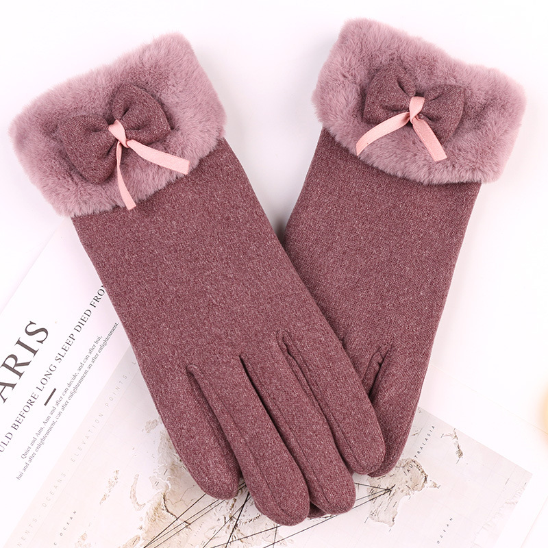 Cute Bow-Knot Glove Girl Winter Thicken Warm Mittens Women Driving Keep Warm Hand Youth Female Touch Screen Gloves: GRAY