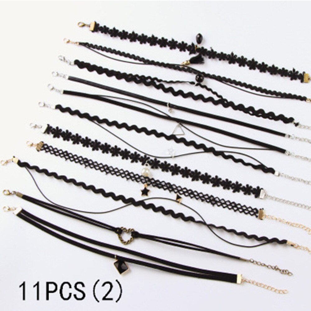 METOO 11pcs Dei Monili Delle Ragazze per I Bambini Nero Della Collana Multi Strato di Pizzo Catene Choker Della Collana Per Bambini Gotico Stretch Gioielli Bambino: 11pcs(2)