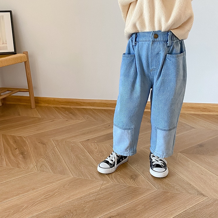 1-7 Years Autumn Girls Patched Jeans Boys Patchwork Denim Pants Kids Trousers