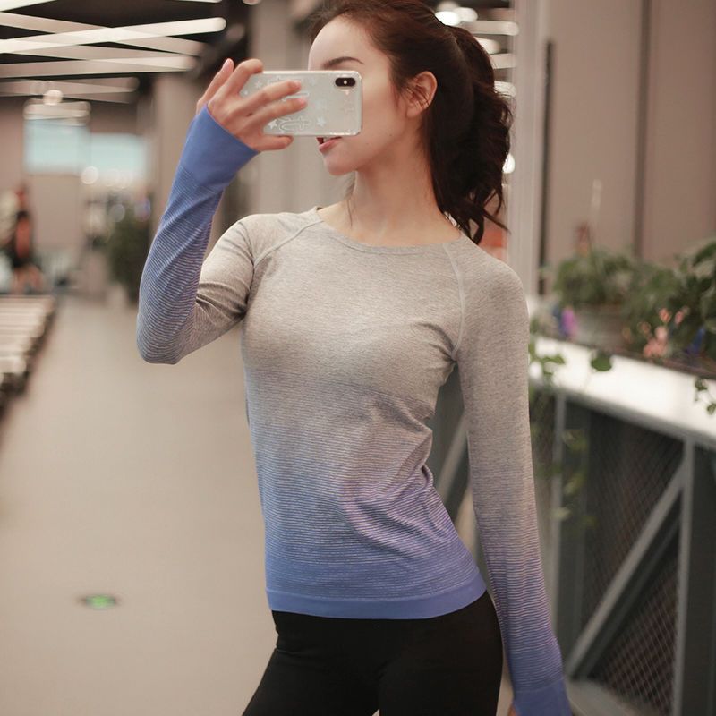 #39 -yoga-t-shirt, sport, langärmelig, farbverlauf, figurformend, herbst/winter, fitnessstudio, laufen, training, atmungsaktiv, rundhalsausschnitt
