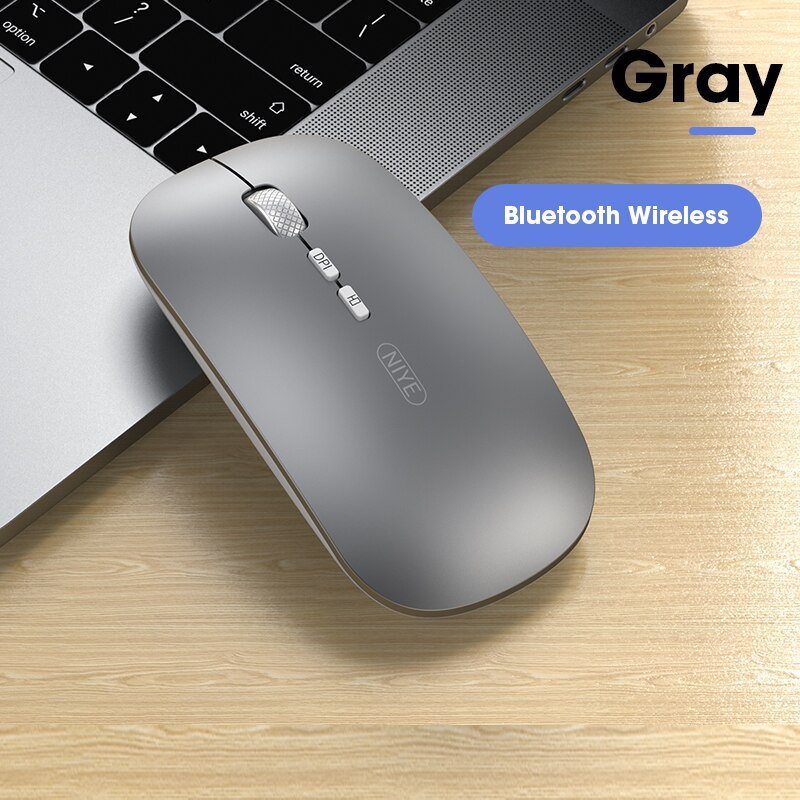 Niye Rechargeable Wireless Mouse - Bluetooth & 2.4GHz USB - Silent Click - Adjustable DPI - for iPad, Laptop, PC: Bluetooth Gray