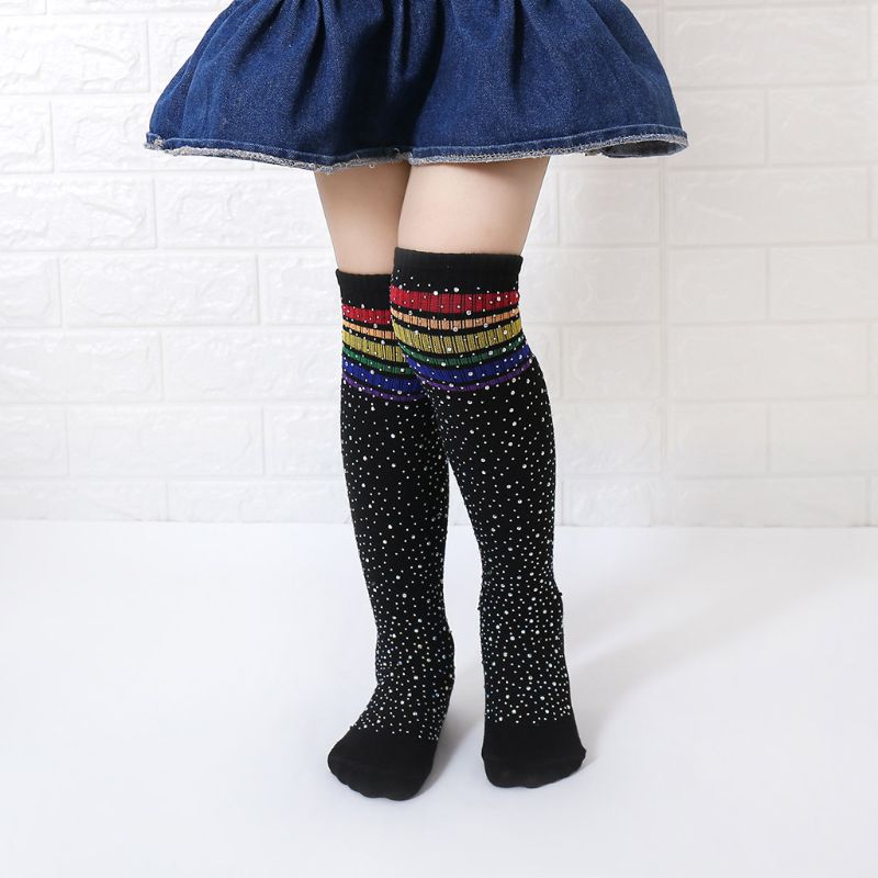 Chaussettes hautes aux genoux pour enfants, nouvelle , chaussettes chaudes à rayures colorées avec strass, décoration, bas pour filles, Tube Long