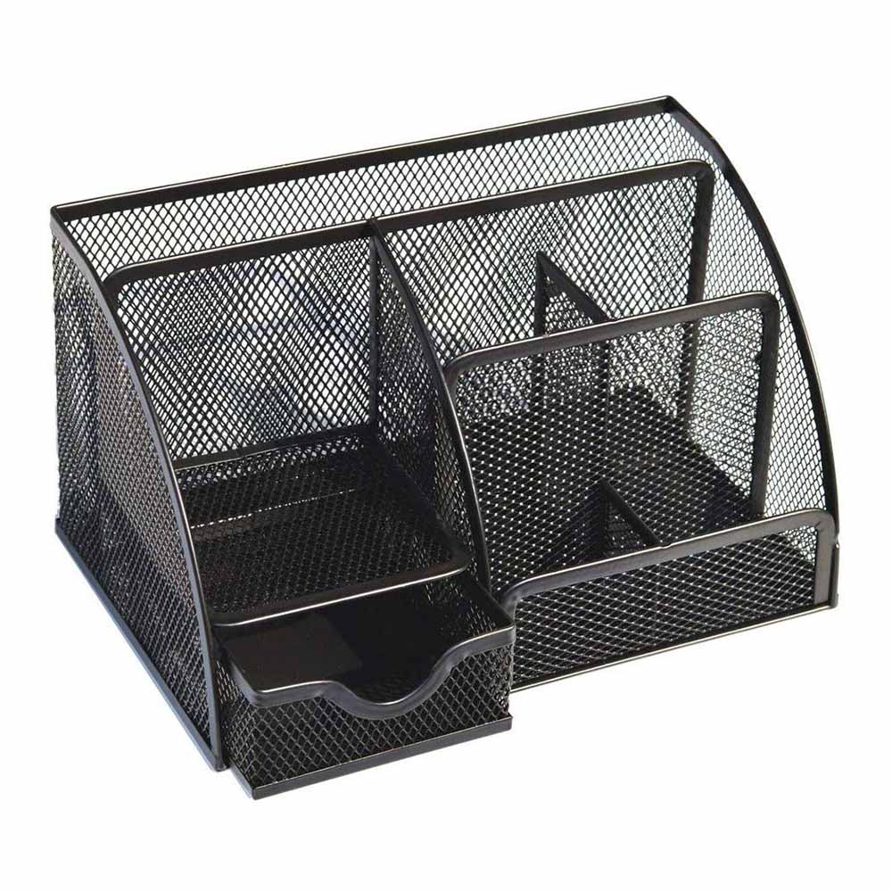 Mesh Desktop Organizer Metal Pen Pencil Holder File Paper Book Letter Magazine Tray 6 Compartments Stationery Holder Organizer: Black