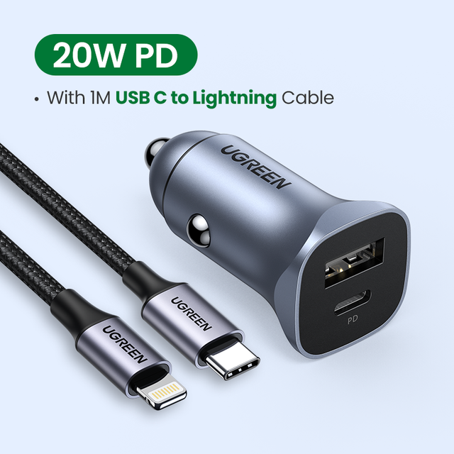 UGREEN PD Car Charger Quick Charge 4.0 3.0 QC USB Charger for Xiaomi QC4.0 QC3.0 20W Type C PD Car Charging for iPhone 13 12 Xs: 20W Add 1M C-L