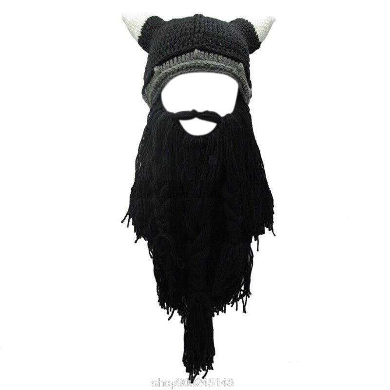 Vuxen cosplay stickad vikinga skägg horn hatt skidmask barbar vagabond vintage mössa vintervärmare  n12 20: D