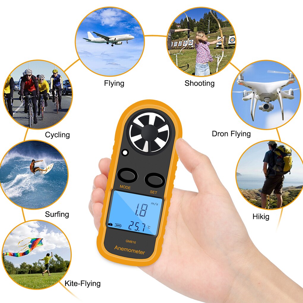 GM816 LCD Handheld Airflow Windmeter Thermometer Digital Anemometer Portable Outdoor Surfing Wind-Speed Gauge Meter 105*40*18mm