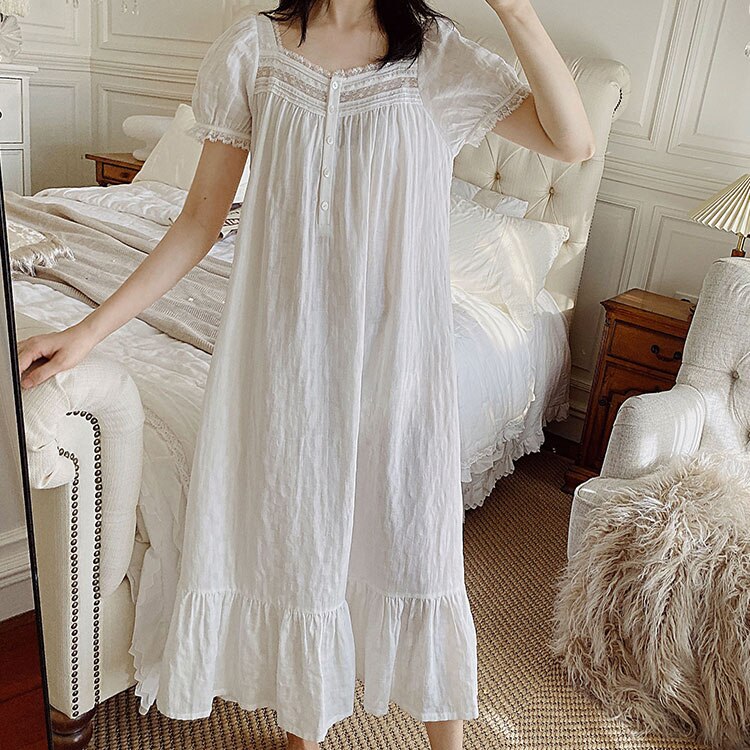 Lente Vrouwen Nachtkleding Prinses Katoen Crêpe Lange Mouwen Lace Geplooide Pyjama Sleepshirts Kant Vintage Dame Nachtjapon Nachtjapon