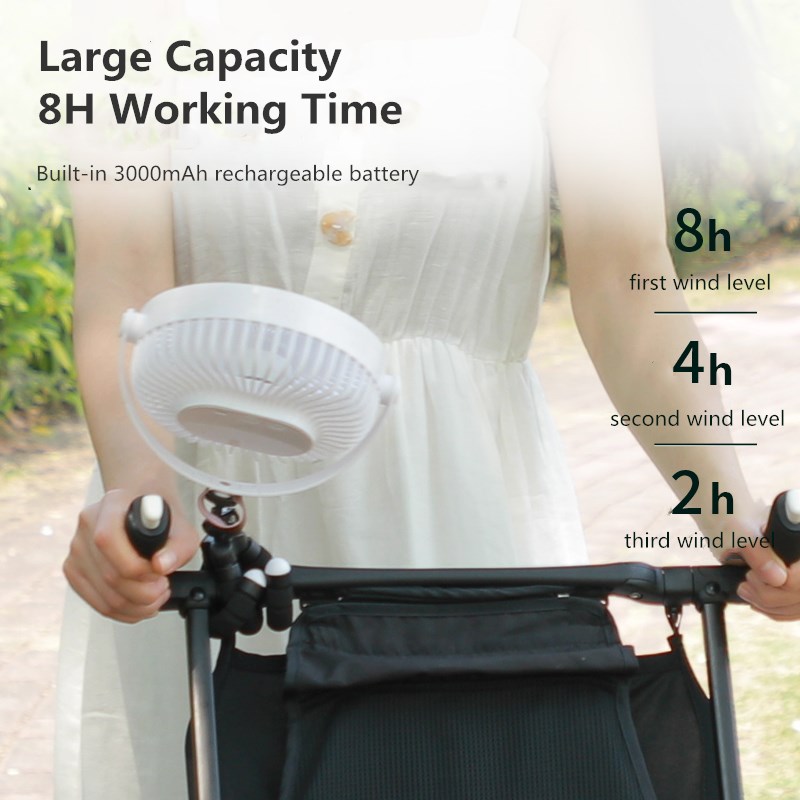 3000mAh Rechargeable Desktop Tripod Fan Strong Wind Portable Travel Camping USB Electric Air Cooling Ceiling Fan with Night Lamp