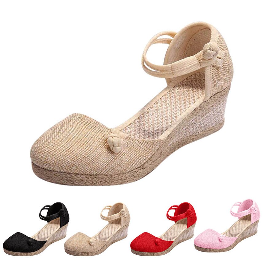 Straw Hemp Rope Sandals Women Ladies Retro Linen Canvas Wedge Round Toe Casual Sandals Singles Shoes Closed Toe Sandal