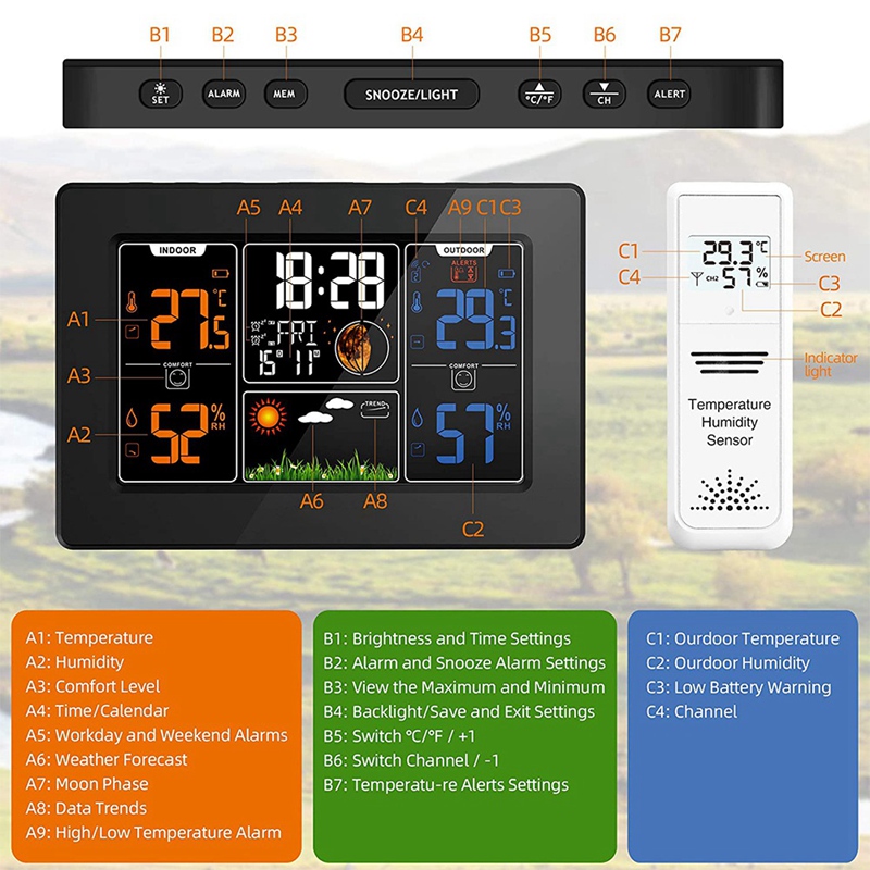 Weerstation, Draadloze Weerstation Binnen Buiten Thermometer Temperatuur En Vochtigheid Weer, Digitale Kleurrijke