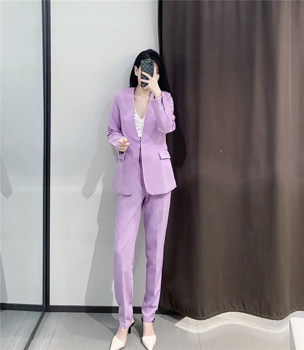 Purple Suits Women Office Ladies Work Blazer+Casual Pant Two Piece Set Female Business OL Costume Femme Pants Suit