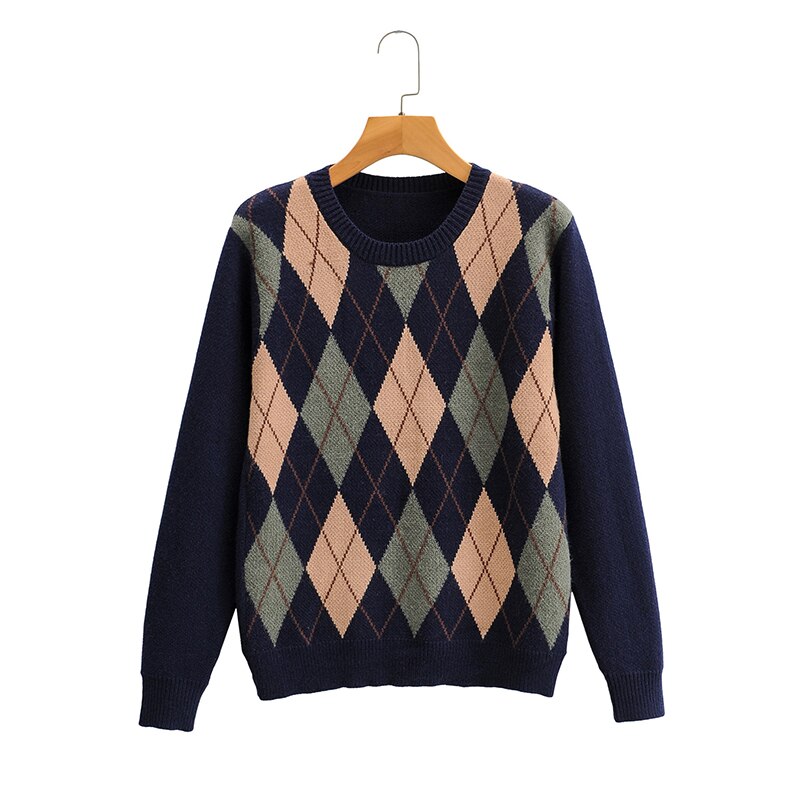Sweetown Argyle Knitted Y2K Sweaters Women Preppy Style Vintage 90s Aesthetic Knitwear Pull Plaid Blue Pullover Jumpers Winter