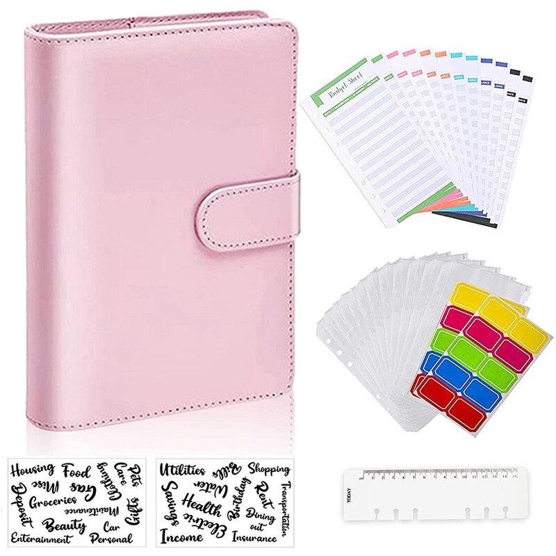 A6 Notebook Binder Budget Planner Organizer 6 Ring Binder Cover,Binder Pockets,Expense Budget Sheets Sticking Ruler: Pink