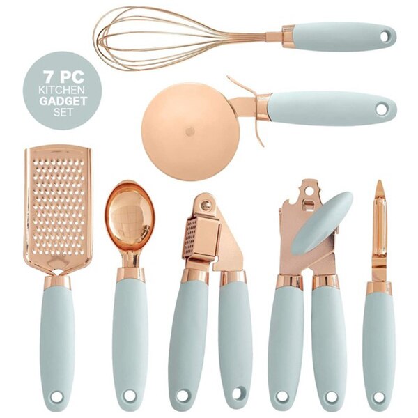 7-Piece Kitchen Gadgets Set Copper Coated Stainless Steel Utensils with Soft Touch Handles, Garlic Press Whisk Cheese Grater: Green