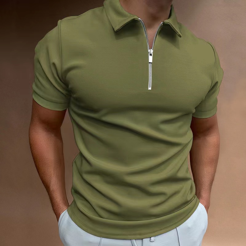 Camisa polo masculina de verão, cor sólida, manga curta, gola virada para baixo, zíper, camisetas e para homens, casual, streetwear, novos tops masculinos: XXL / Cáqui