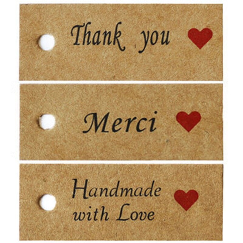 100 stücke Kraft Papier Danke Etikett rot Herz Schild Danke Handgemachte Merci handgefertigt Etikett-Schild