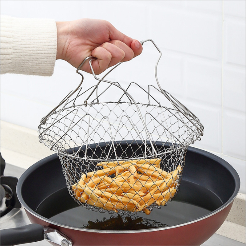 1Pc Rvs Opvouwbare Steam Rinse Strain Fry Olie Fry Chef Basket Mesh Mesh Mand Zeef Netto Keuken Koken tool
