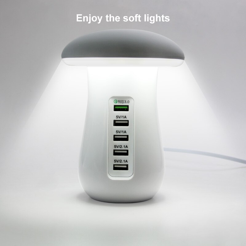 Flere usb telefonlader sopp nattlampe lading 5 porter stasjon stå dock  qc 3.0 hurtiglader til mobiltelefon nettbrett